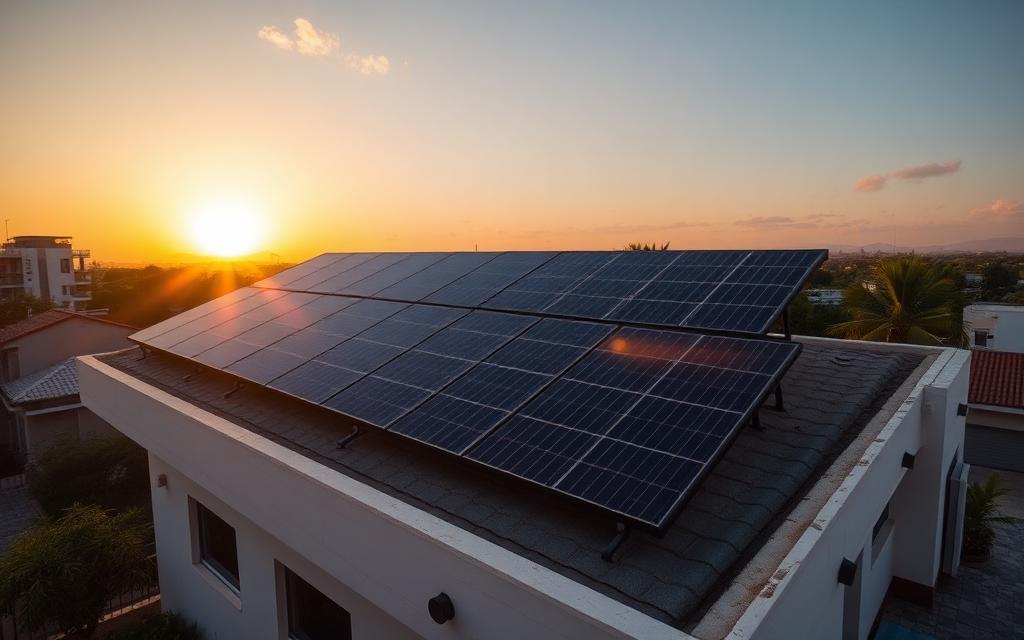 Painéis solares instalados no telhado de uma casa ao entardecer
